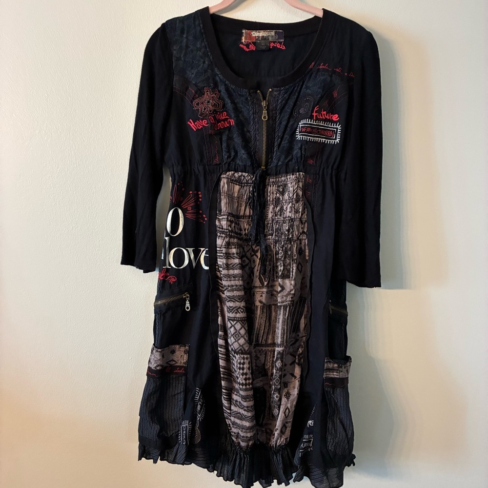 Desigual dress S/M 38 love dream with pockets , embroidered, punk